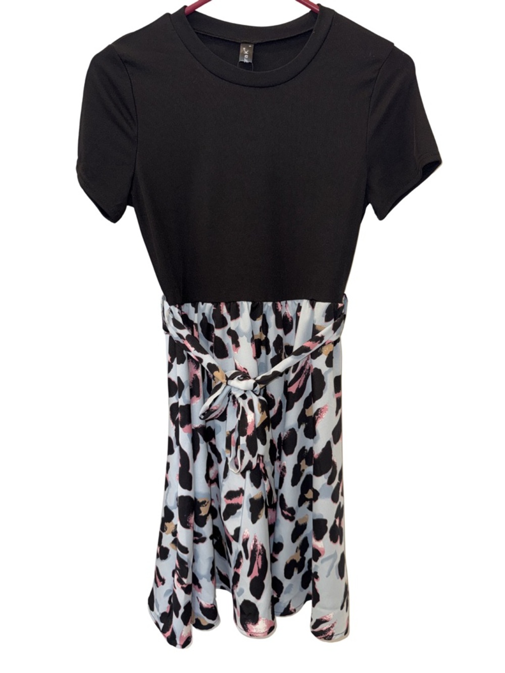 Allegra K Black & Leopard Print Tie Waist Dress